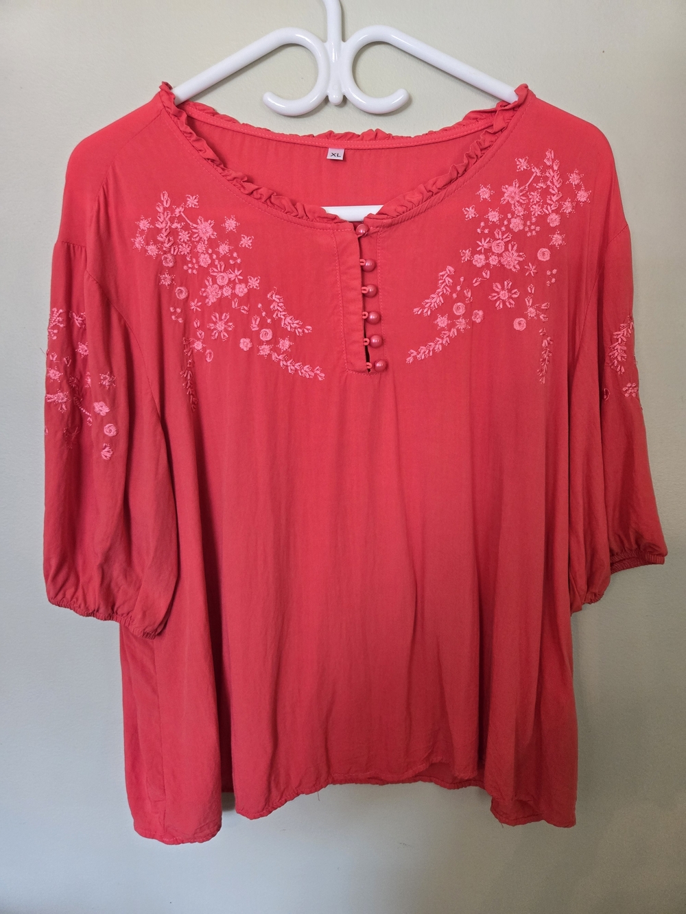 Women’s Embroidered Coral Pink Peasant Top